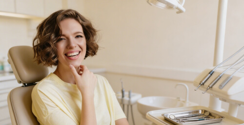 Uśmiechnięta pacjentka na fotelu dentystycznym – profilaktyka i przegląd zębów w Ez-Dent Oleśnica
